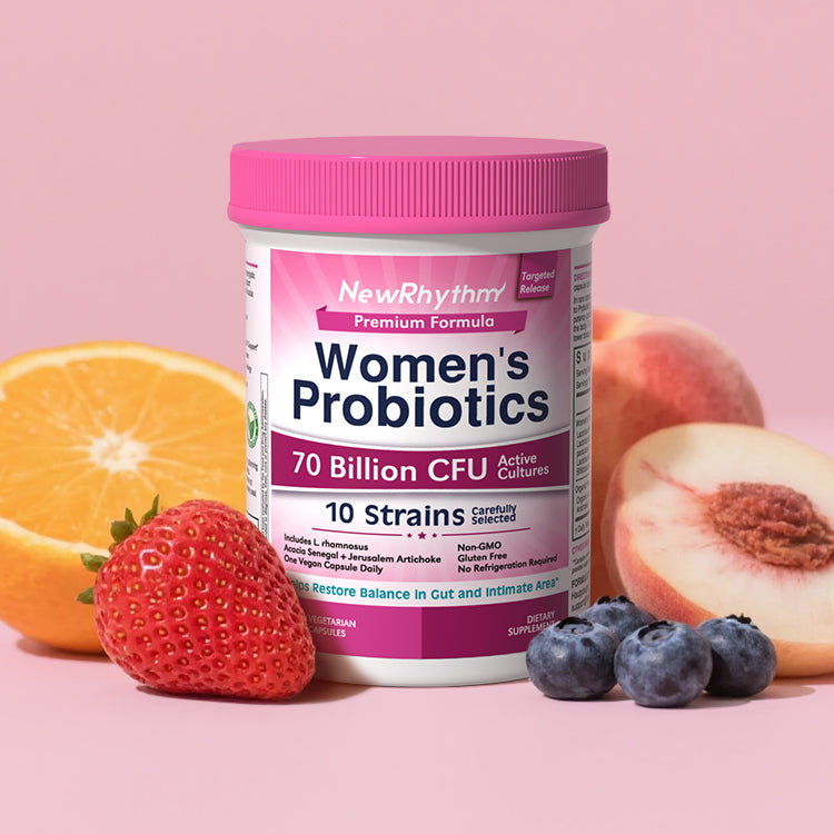 NewRhythm Women's Probiotics + Organic Prebiotics includes female-friendly L. rhamnosus to support overall feminine wellness