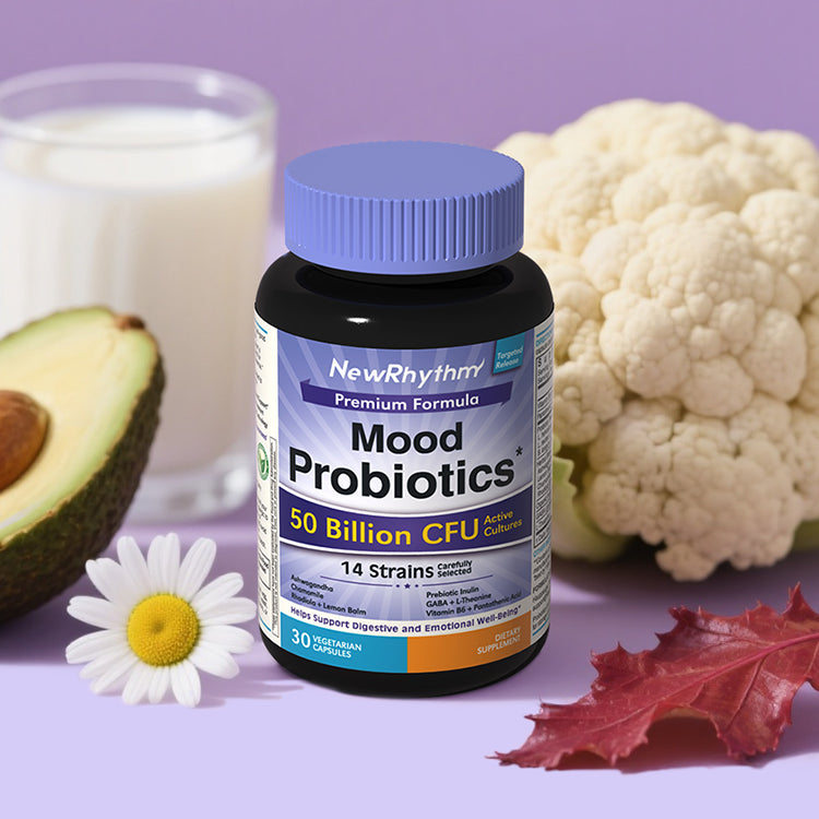 NewRhythm Mood Probiotics is designed for digestive comfort, relaxation, and emotional balance
