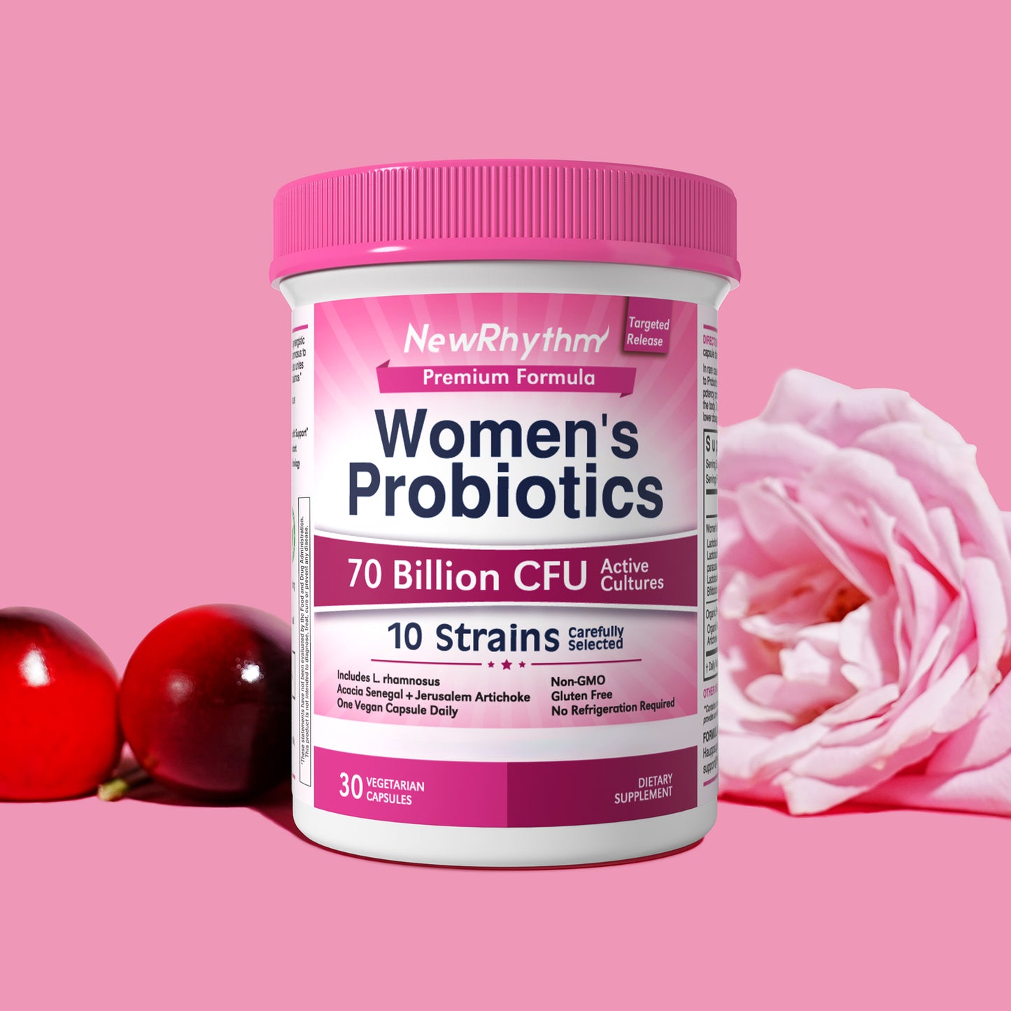 NewRhythm Women's Probiotics + Organic Prebiotics, 70 Billion CFU 10 Strains, 30 Vegetarian Capsules