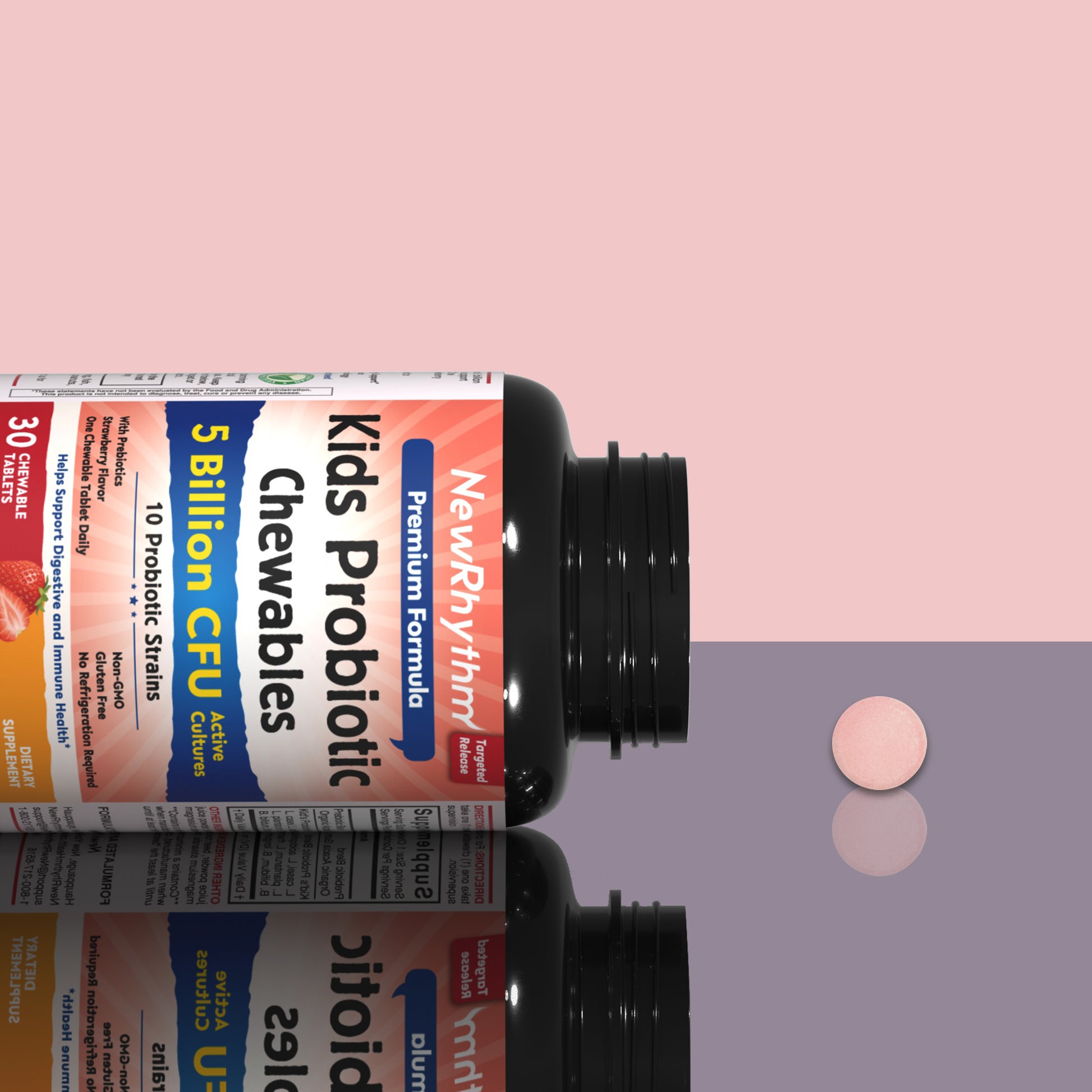 NewRhythm Kids Probiotic Chewables is shelf stable, non GMO and gluten free