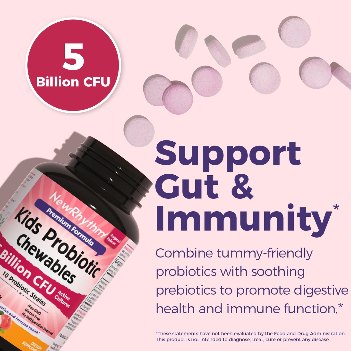 NewRhythm Kids Probiotic Chewables promotes digestive health and immune function