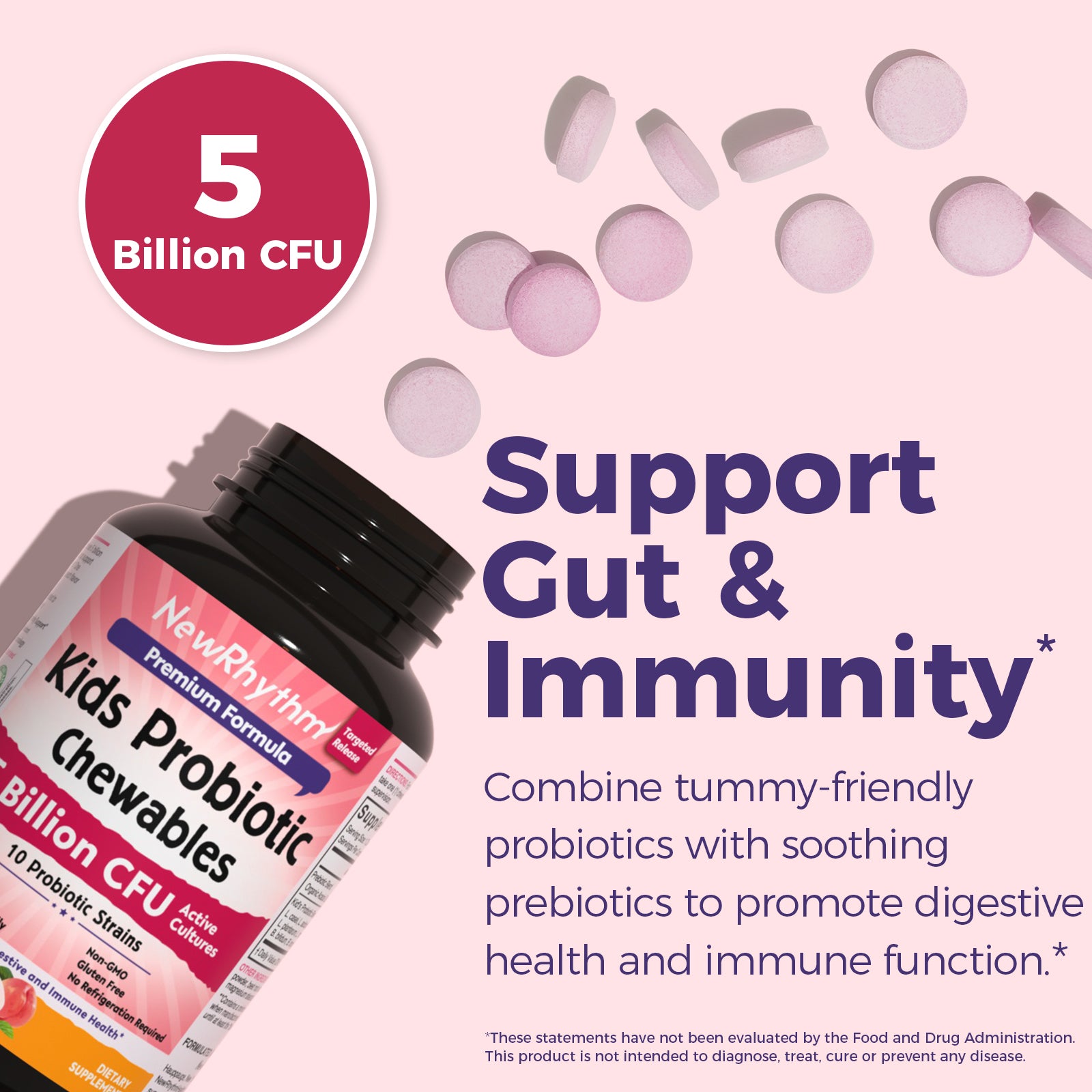 NewRhythm Kids Probiotic Chewables promotes digestive health and immune function