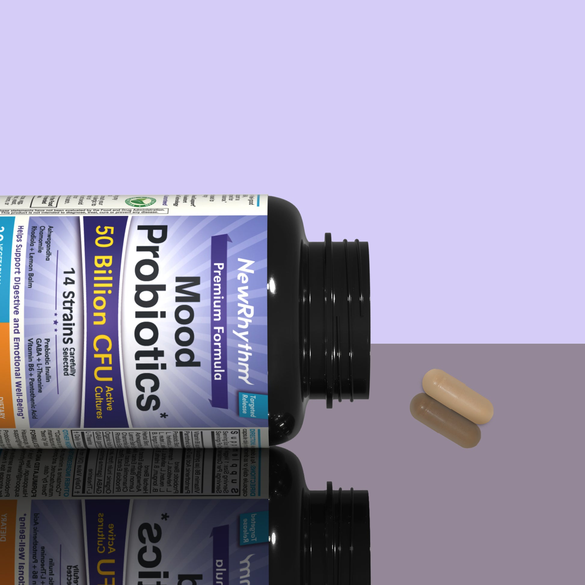 NewRhythm Mood Probiotics is shelf stable, non GMO and gluten free