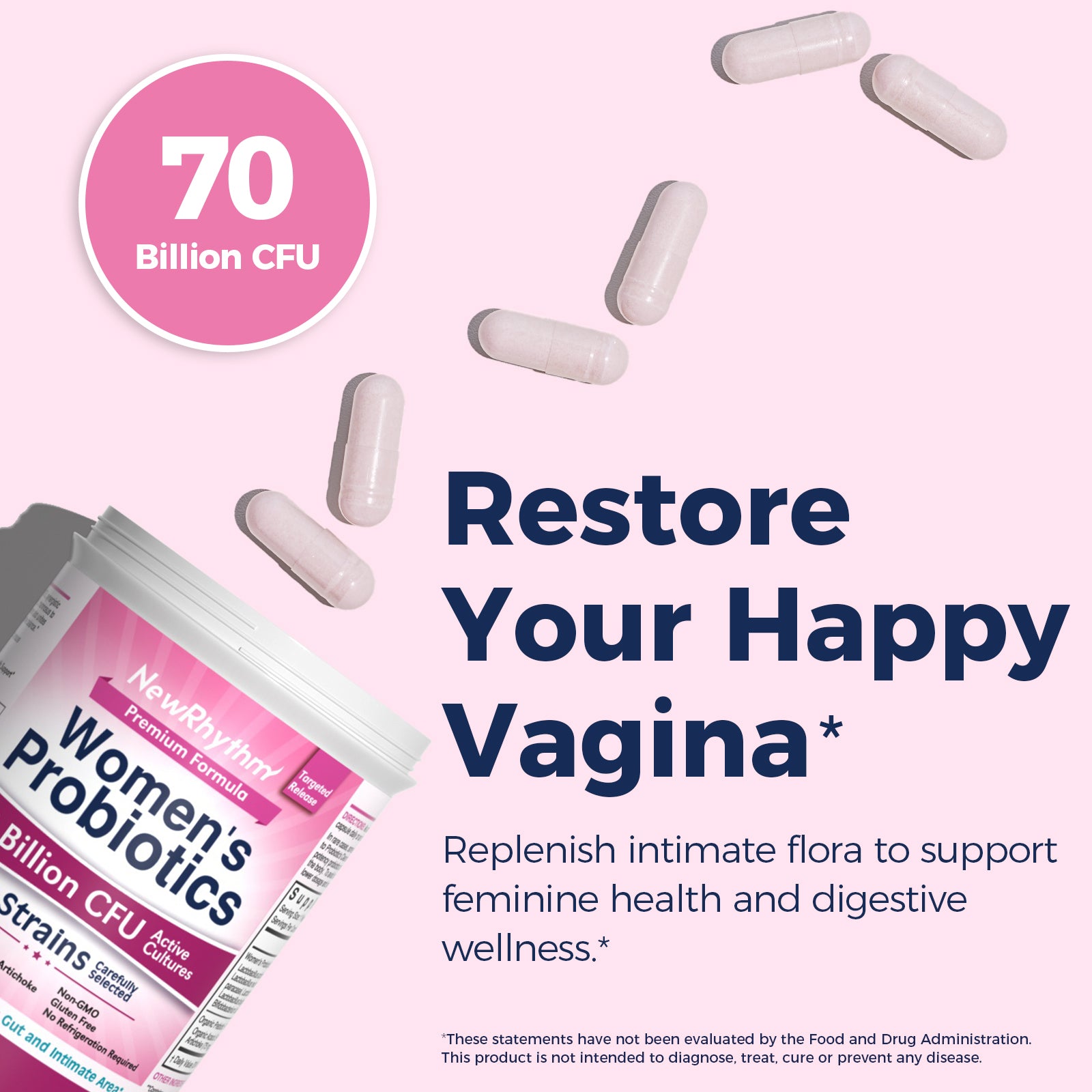 NewRhythm Women's Probiotics + Organic Prebiotics replenish intimate flora to support feminine health and digestive wellness