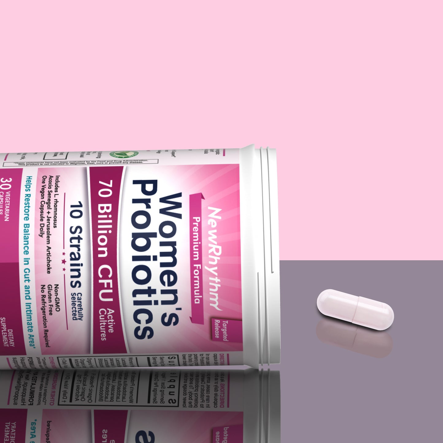 NewRhythm Women's Probiotics + Organic Prebiotics is shelf stable, non GMO and gluten free