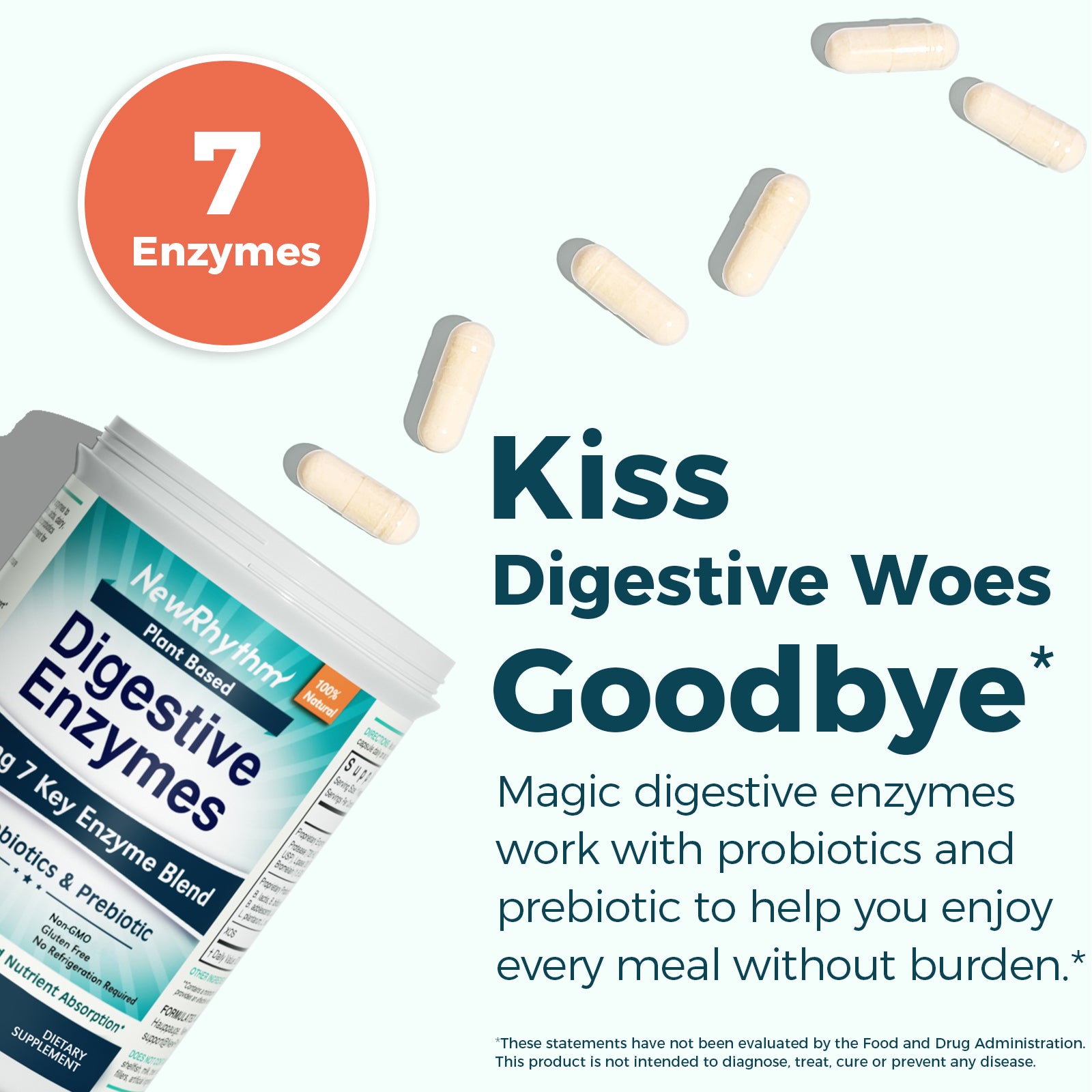 NewRhythm Digestive Enzymes works with probiotics and prebiotic to help you enjoy every meal without burden