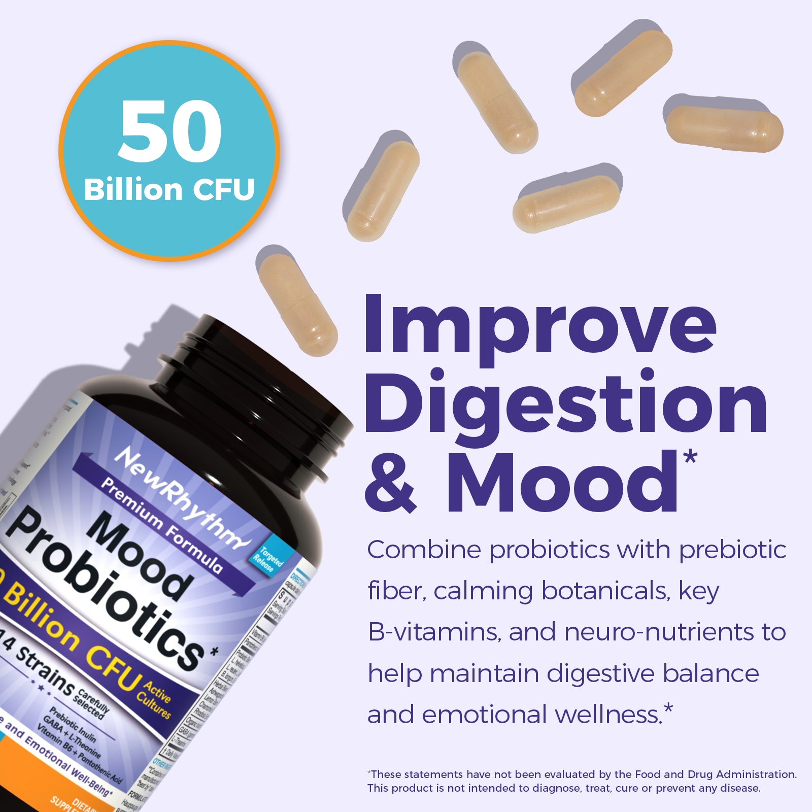 NewRhythm Mood Probiotics helps with mood swings, digestive discomfort, daily stress and low energy 