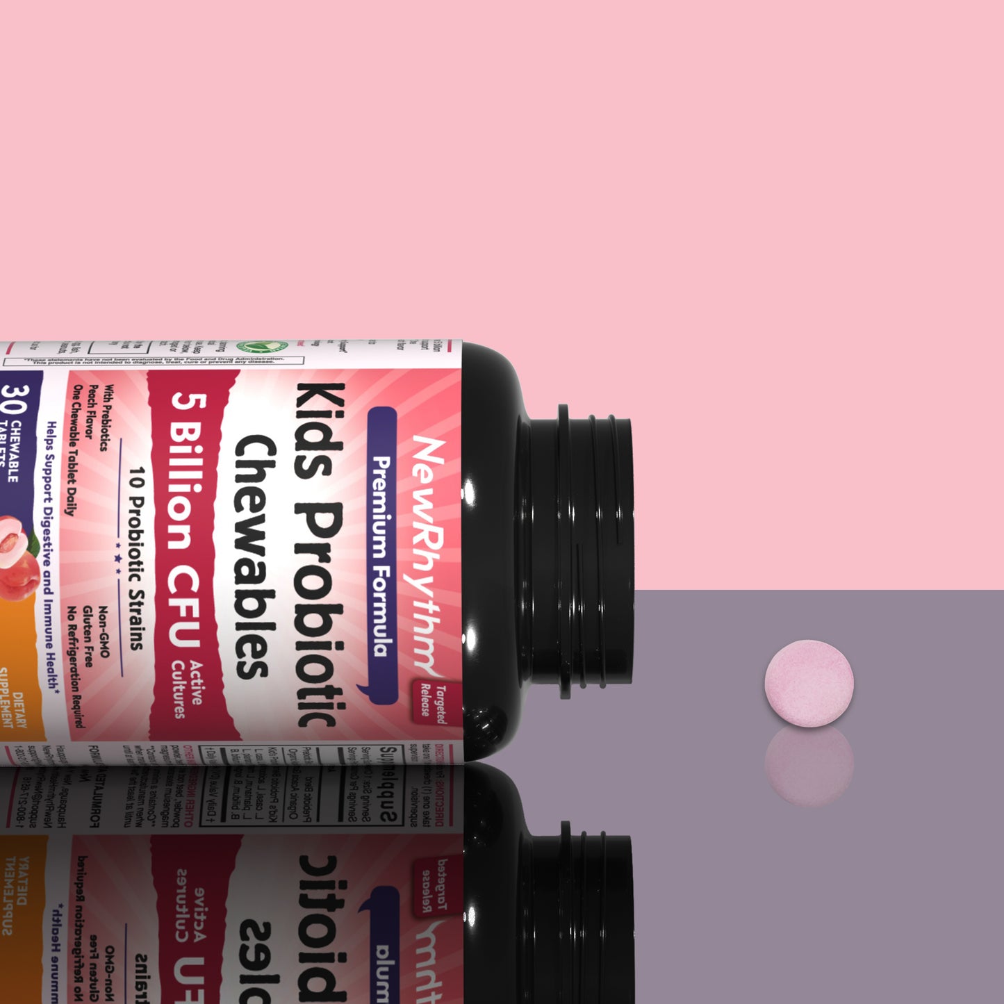 NewRhythm Kids Probiotic Chewables is shelf stable, non GMO and gluten free