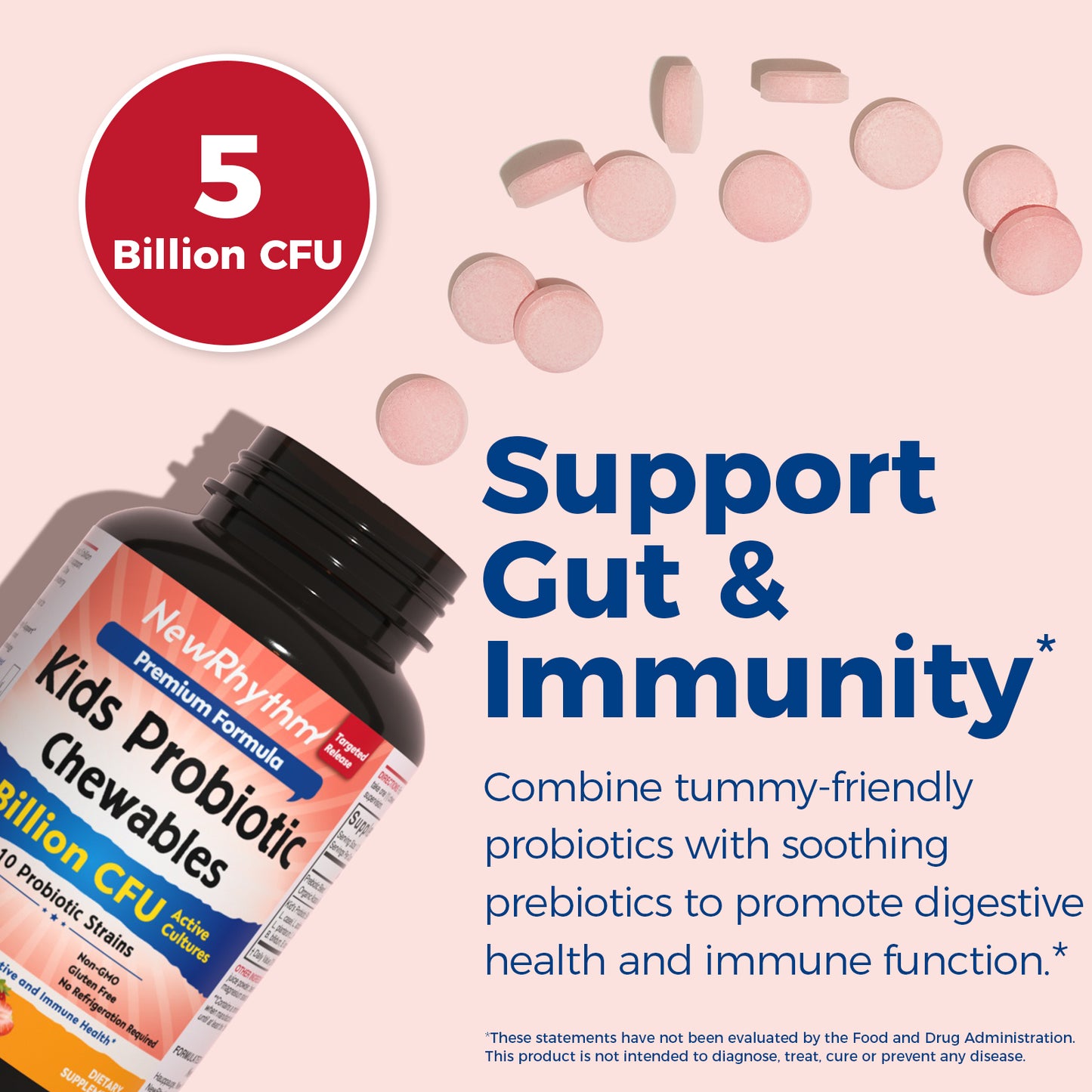 NewRhythm Kids Probiotic Chewables promotes digestive health and immune function
