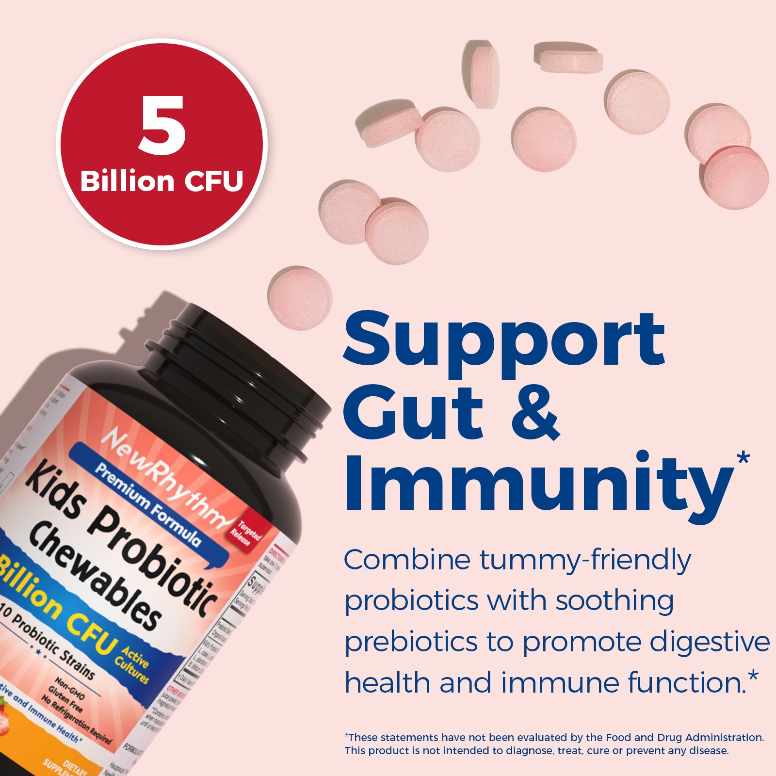 NewRhythm Kids Probiotic Chewables promotes digestive health and immune function