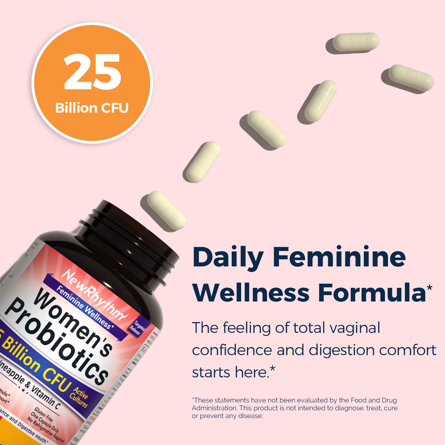 NewRhythm Women's Probitoics + Pineapple supports total vaginal
confidence and digestion comfort