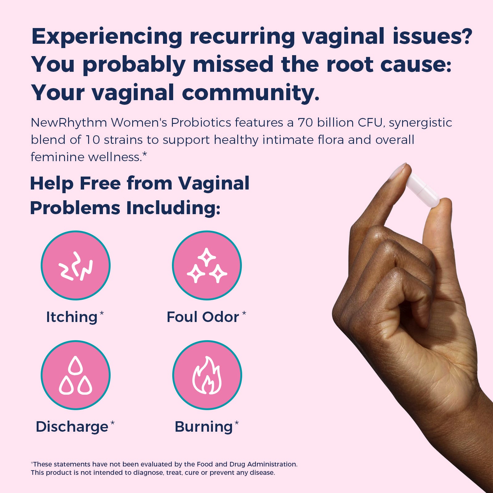 NewRhythm Women's Probiotics + Organic Prebiotics helps with itching, foul odor, discharge and burning 