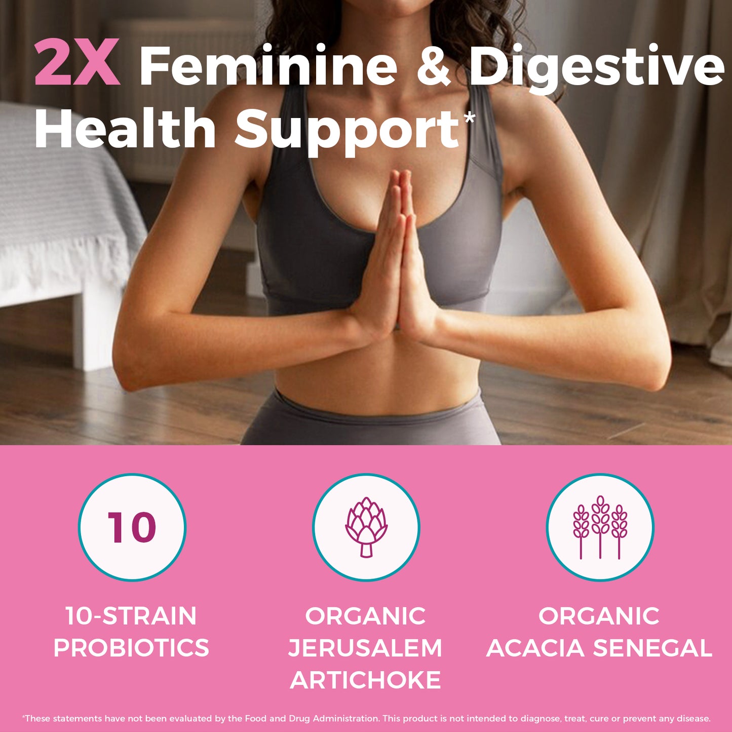 NewRhythm Women's Probiotics + Organic Prebiotics features 10-strain probiotics, organic acacia senegal and organic jerusalem artichoke