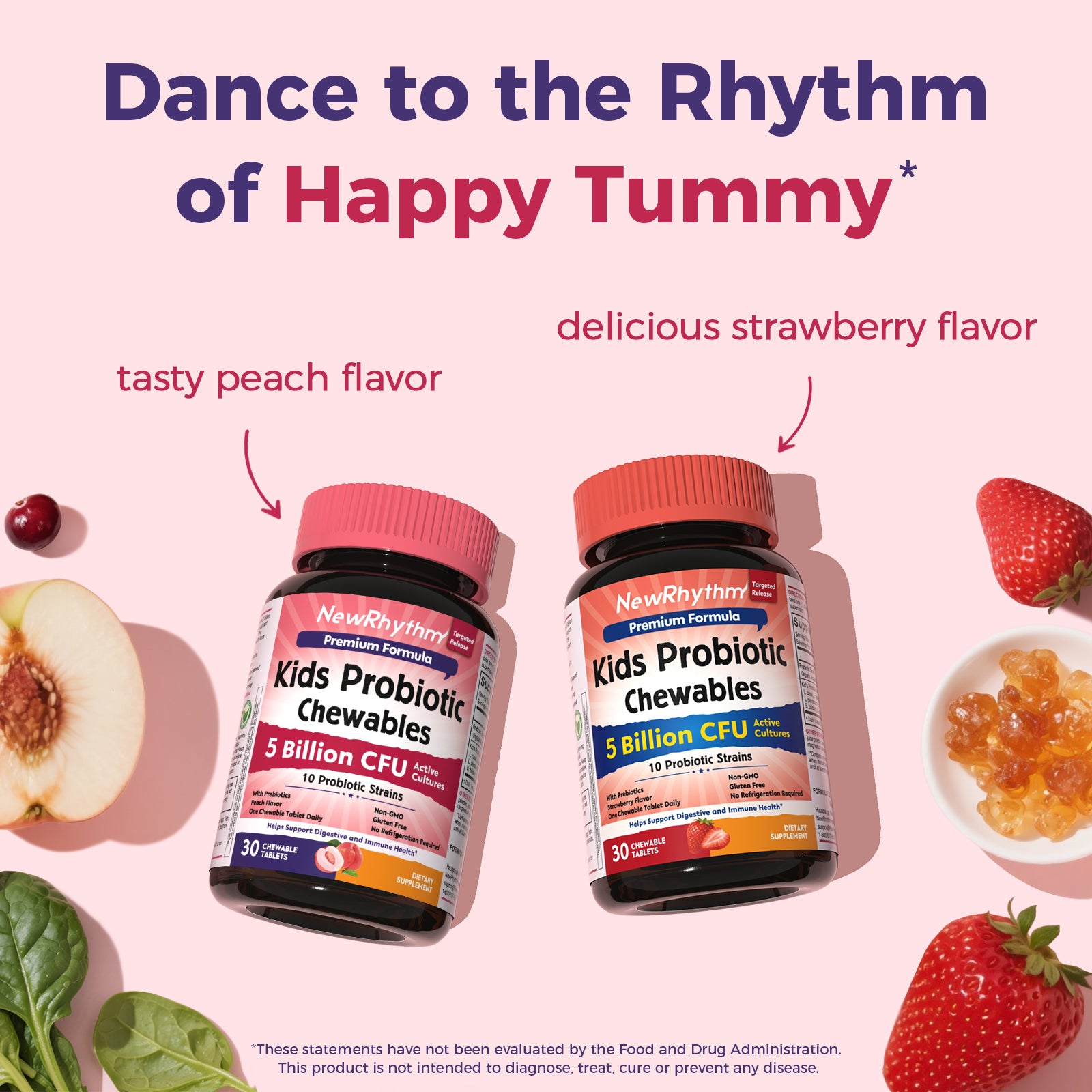 NewRhythm Kids Probiotic Chewables peach flavor and strawberry flavor