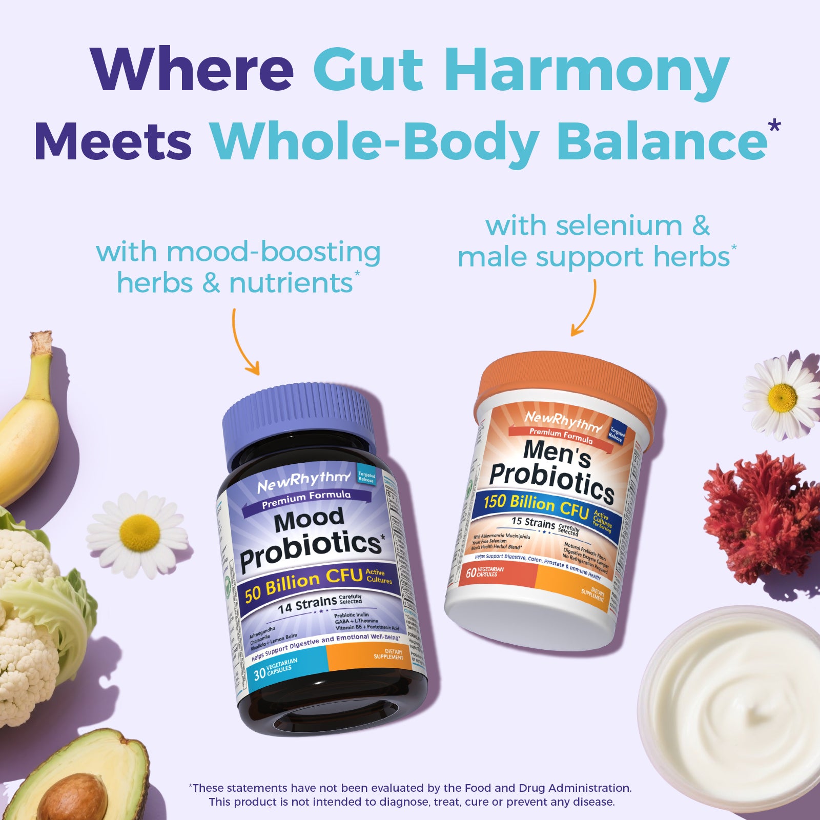 NewRhythm Mood Probiotics Supplement Facts, probiotics, herbal blend, inulin, B6, GABA and L-theanine, 30 servings