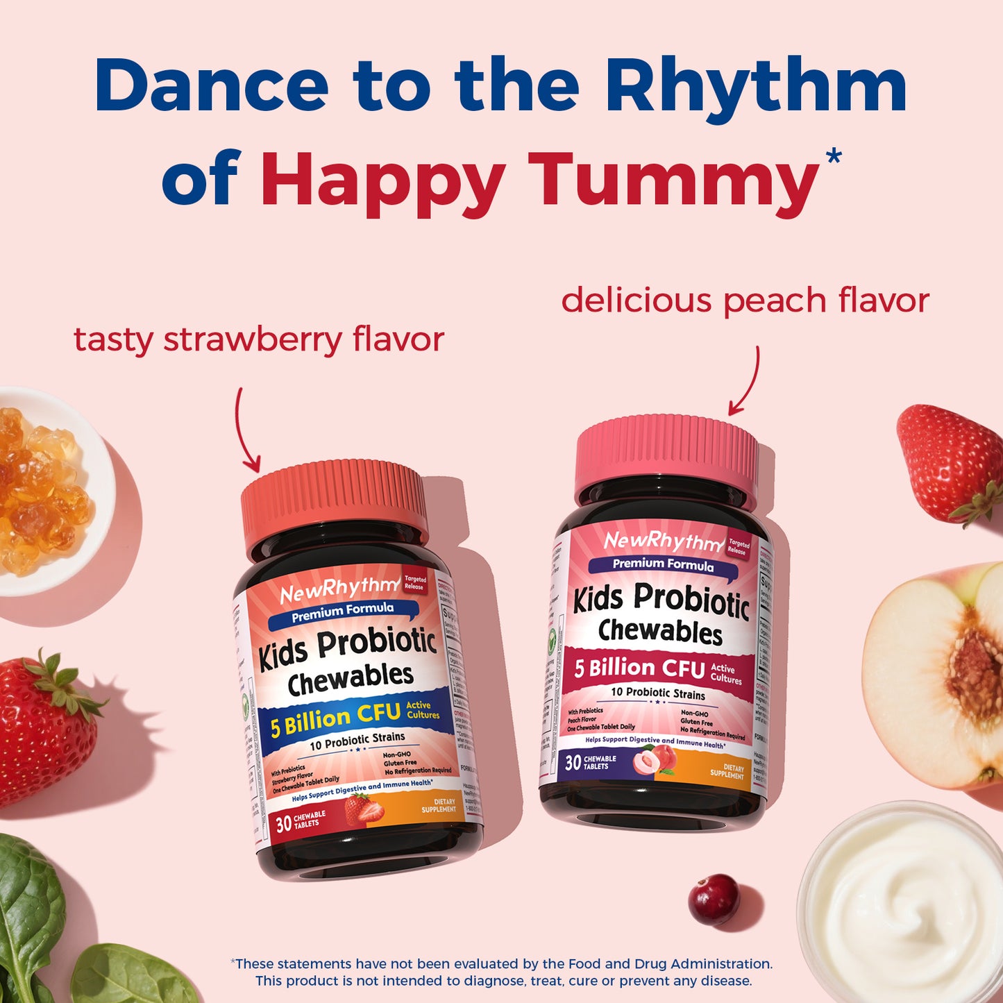 NewRhythm Kids Probiotic Chewables peach flavor and strawberry flavor