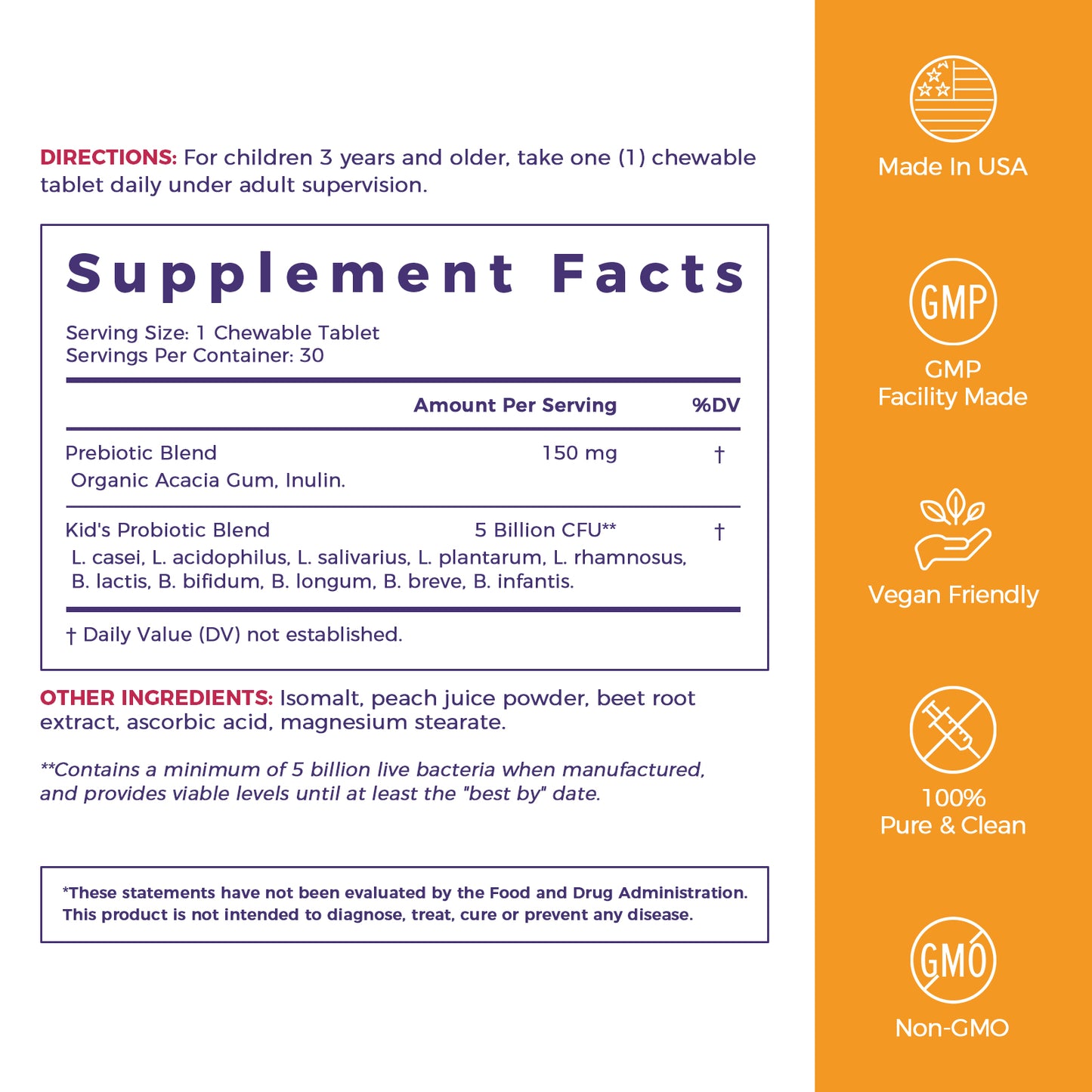 NewRhythm Kids Probiotic Chewables Supplement Facts, probiotics with prebiotic blend, 30 servings