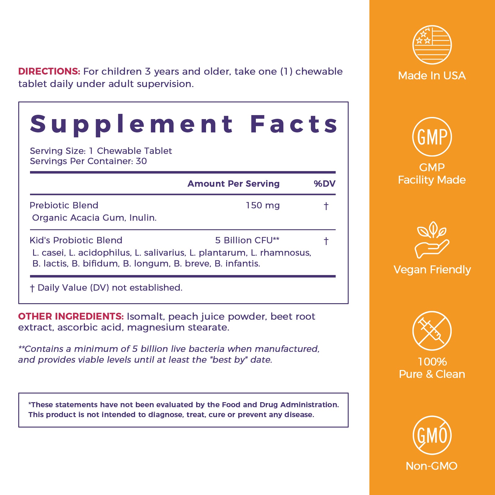 NewRhythm Kids Probiotic Chewables Supplement Facts, probiotics with prebiotic blend, 30 servings