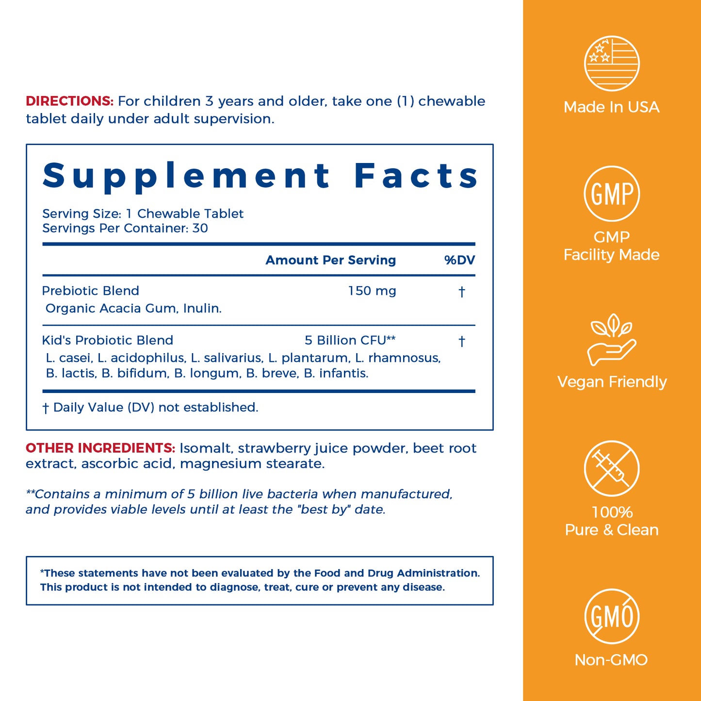 NewRhythm Kids Probiotic Chewables Supplement Facts, probiotics with prebiotic blend, 30 servings
