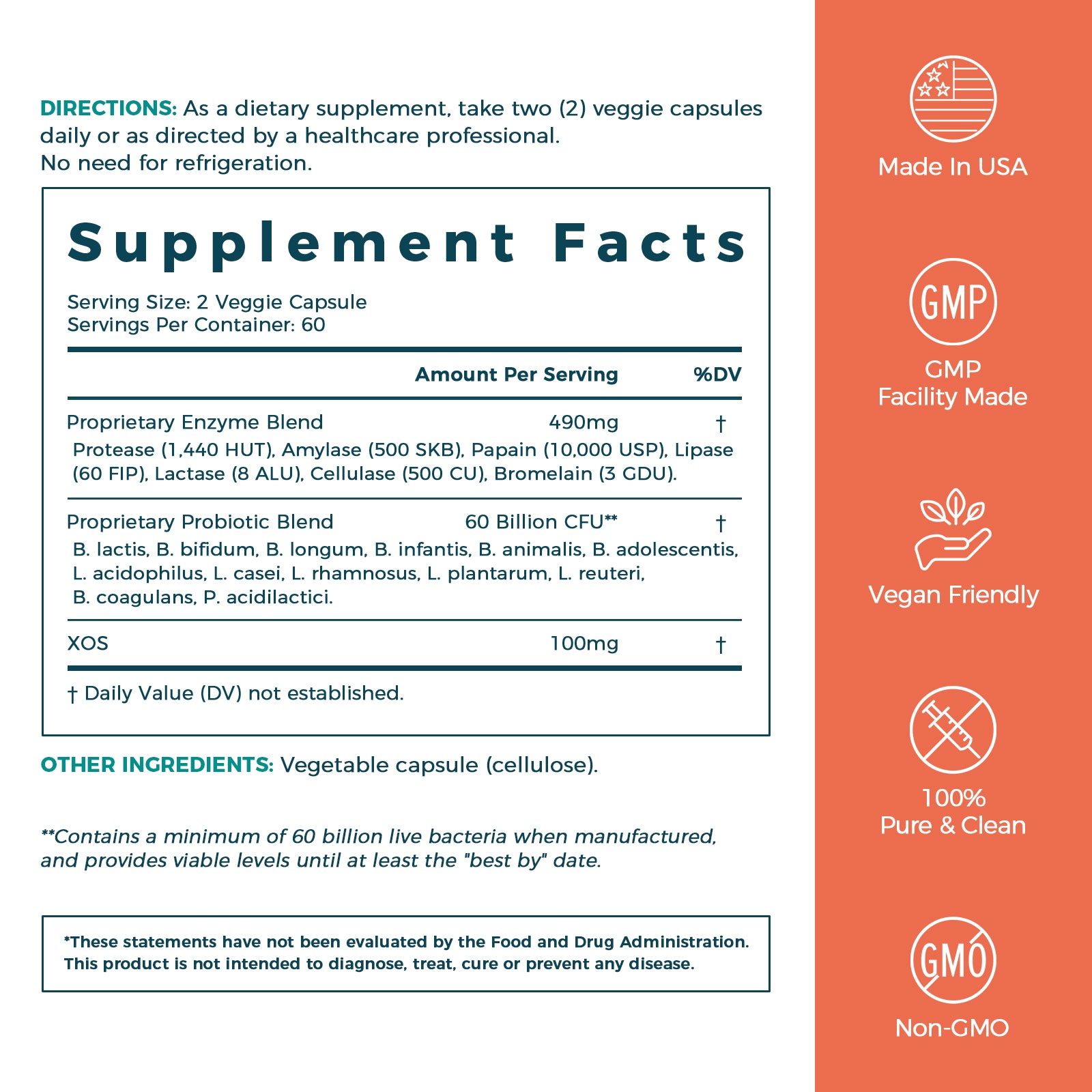 NewRhythm Digestive Enzymes Supplement Facts, enzyme blend with probiotics and prebiotics XOS, 60 servings
