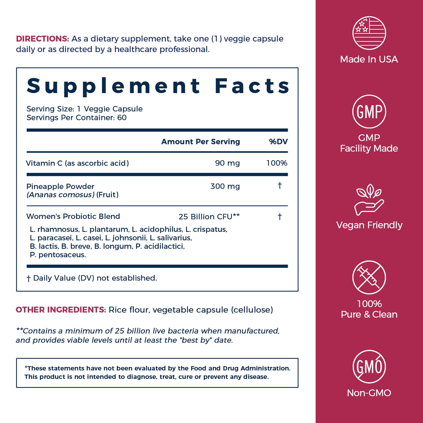 NewRhythm Women's Probitoics + Pineapple Supplement Facts, probiotics, pineapple and vitamin C, 60 servings