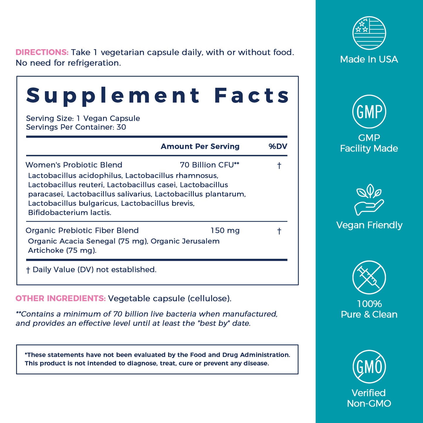 NewRhythm Women's Probiotics + Organic Prebiotics Supplement Facts, probiotics and organic prebiotics, 30 servings
