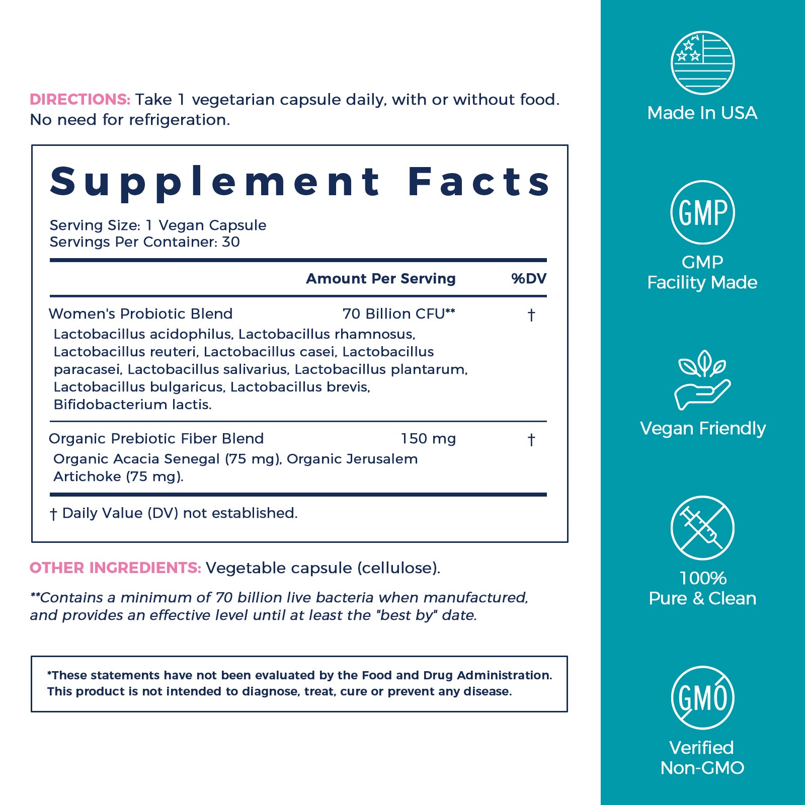 NewRhythm Women's Probiotics + Organic Prebiotics Supplement Facts, probiotics and organic prebiotics, 30 servings