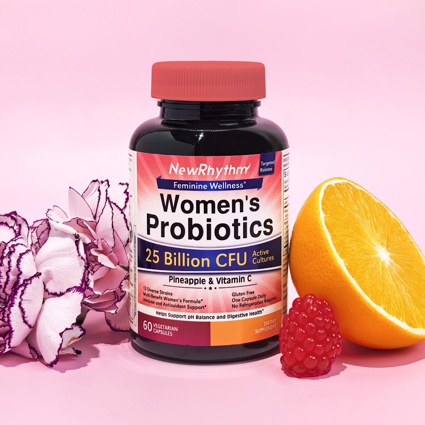 NewRhythm Women's Probitoics + Pineapple, 25 Billion CFU with Pineapple and Vitamin C, 60 Vegetarian Capsules
